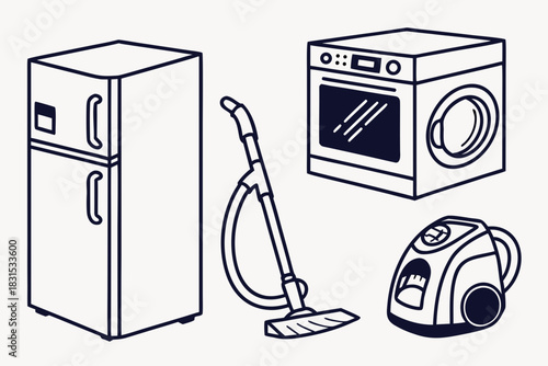 Household Appliances Set Featuring Refrigerator Washing Machine Vacuum Cleaner and Vacuum Keywords