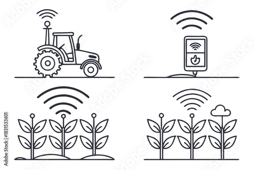 Smart Tractor and Farming Technology Icons with Wireless Signals vector illustration