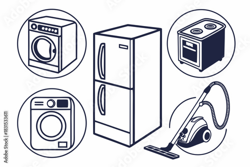 Collection of Household Appliances with Refrigerator Washing Machines and Vacuum Cleaners Keywords