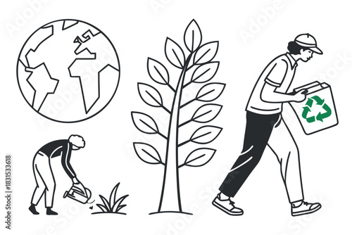 Earth Care and Recycling Concept Icons with People and Nature Keywords: earth, globe, tree, planting