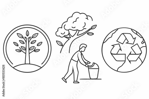Environmental Icons with Tree, Person Recycling, and Globe Keywords: tree, globe, earth, recycling