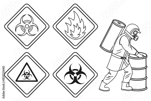Hazardous Material Warning Signs and Hazmat Worker Illustration biohazard flammable