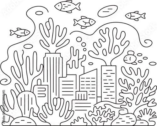 Underwater city illustration with corals, fishes, and modern buildings concept