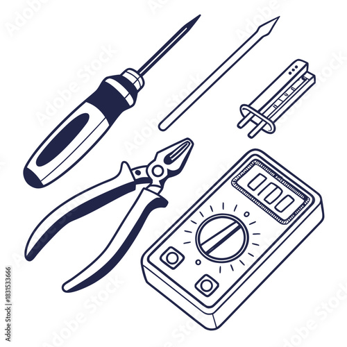 Doodle art of electrical repair tools including screwdriver, pliers, and multimeter
