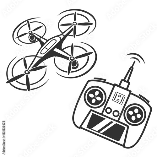 Stylized black and white illustration of a flying drone and its remote controller