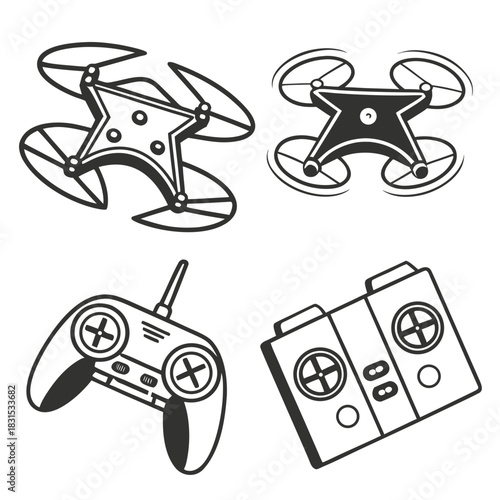 Set of black and white icons representing drones and remote controllers quadcopter