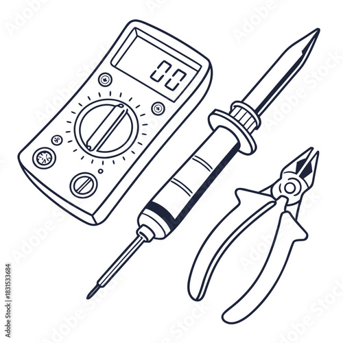 Black and white drawing of electrical tools: multimeter, soldering iron, and pliers