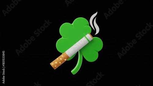 Green four-leaf clover with lit cigarette and rising smoke on solid black background, symbolic and provocative.