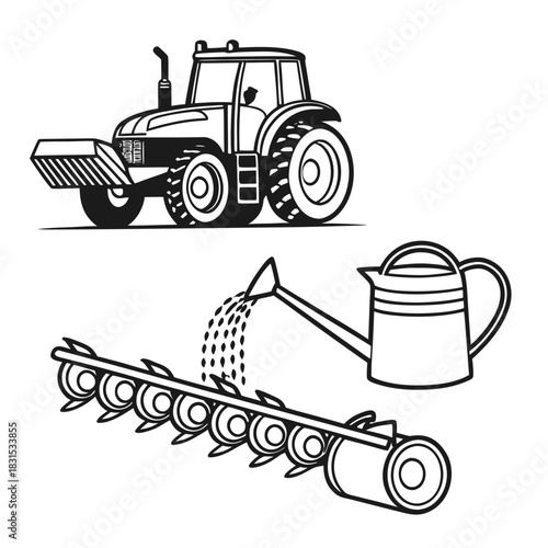 Tractor with Plow Watering Can and Seedling Planting Equipment farming agriculture