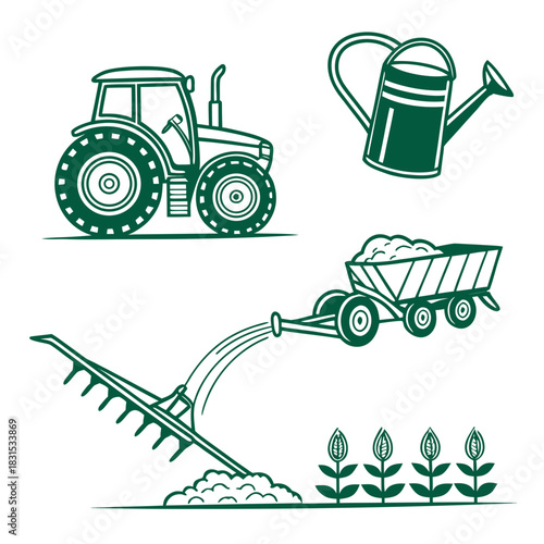 Green Tractor Trailer Rake Watering Can and Seedlings farming agriculture