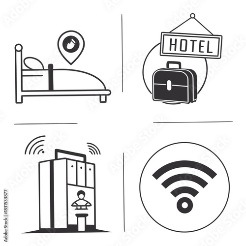 Hotel Service Icons Silhouette Style with Wi- Fi and Location Keywords: hotel, service, icons