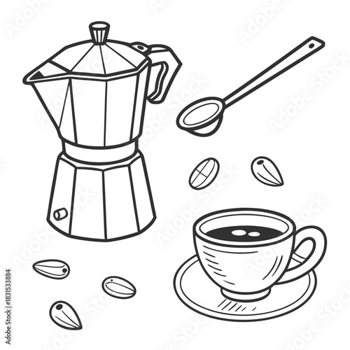Coffee Set Moka Pot Cup Saucer Spoon and Beans Line Art Keywords: coffee, set, moka pot, cup, saucer
