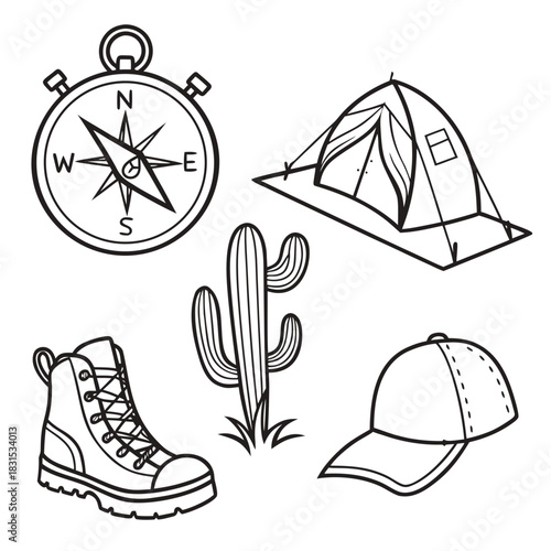Camping and hiking icons with compass tent boot and cap Keywords: camping, hiking, adventure, travel