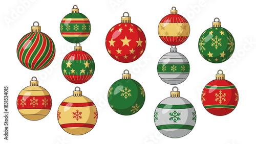 A colorful set of twelve cartoon Christmas bauble ornaments with various festive patterns. Vector illustration for holiday decoration isolated on white