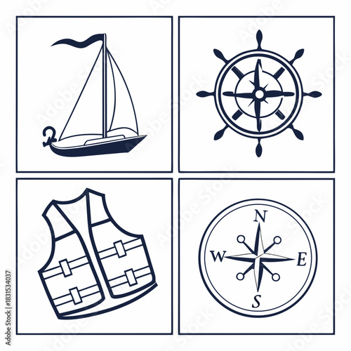 Nautical icons in a grid including sailboat ship wheel life vest and compass Keywords: sailboat, boat