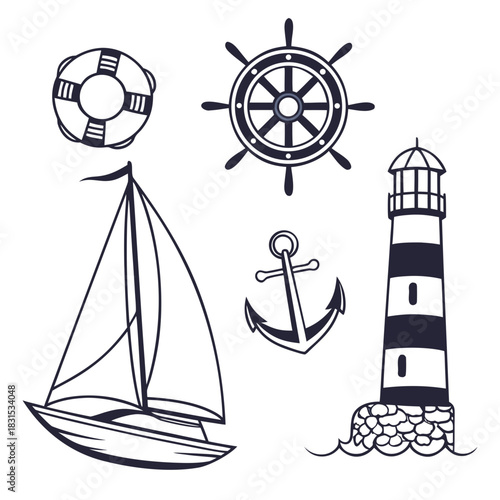 Nautical icons including lifebuoy sailboat anchor ship wheel and lighthouse Keywords: lifebuoy, life