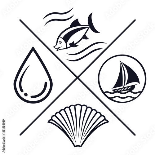 Nautical and water-themed icons arranged in a cross shape fish sailboat