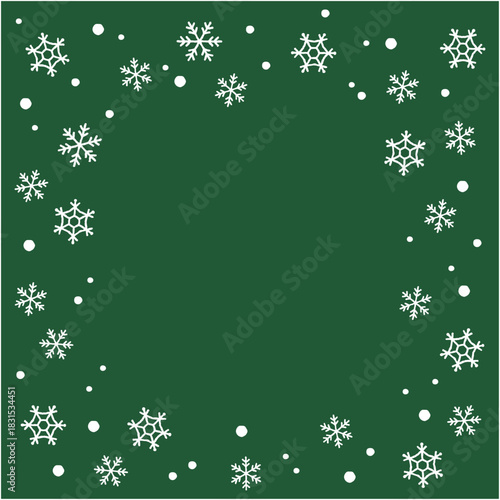 雪の結晶を散りばめたシンプルなグリーンの背景フレーム