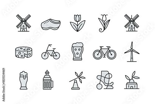 A collection of icons representing Dutch culture, including windmills, clogs, tulips, cheese, and beer.