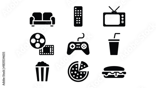 A collection of icons representing home entertainment and snacks.