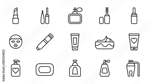 A collection of line art icons representing various cosmetic and personal care products.