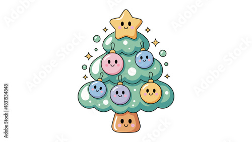 Festive Cheer: A cheerful illustration of a decorated Christmas tree radiating joy with its friendly star topper, smiling ornaments, and twinkling stars.