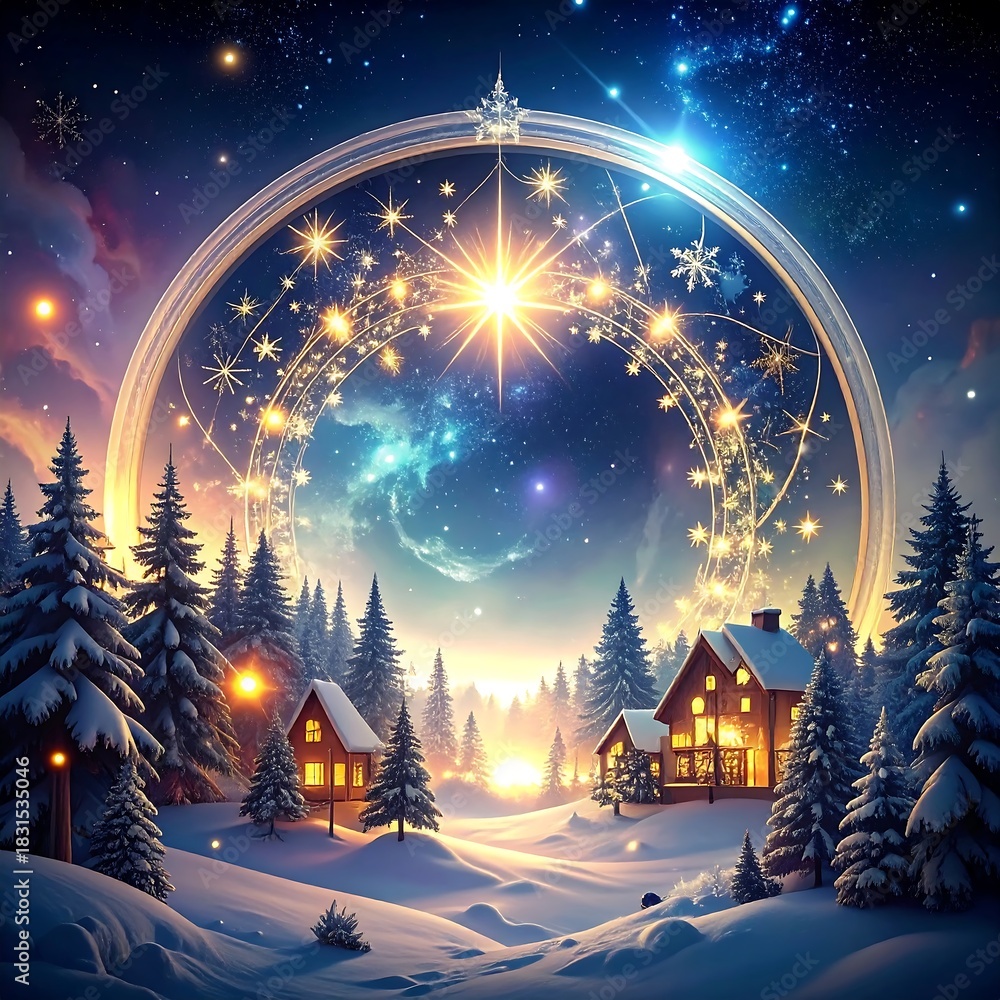 Fototapeta premium Enchanting Winter Village Under a Celestial Starry Sky.