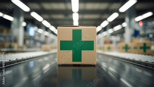 Medical supply boxes moving along conveyor belt in pharmaceutical factory