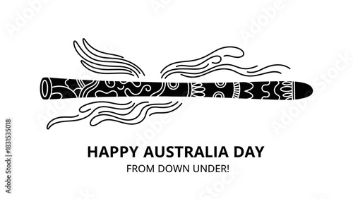 Black and white illustration featuring a decorated didgeridoo with stylized lines and 'Happy Australia Day' greeting.