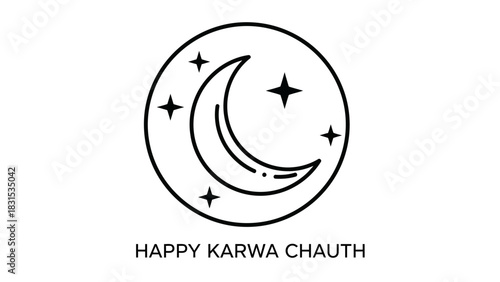 Line art illustration of a crescent moon and stars in a circle with 'Happy Karwa Chauth' text, depicting the Hindu festival.