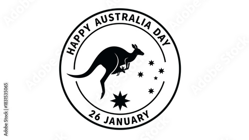 Black and white circular logo for Happy Australia Day on January 26, featuring a jumping kangaroo and stars representing the Southern Cross.
