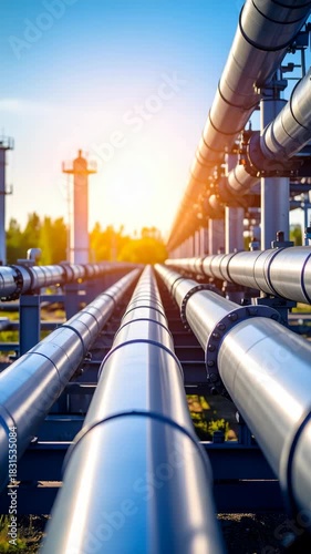 Wallpaper Mural Close-up on rows of metallic pipes conveying resources at an industrial facility on a sunny day Torontodigital.ca
