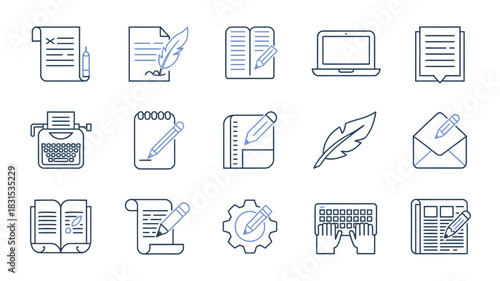 A collection of icons representing writing, communication, and technology.