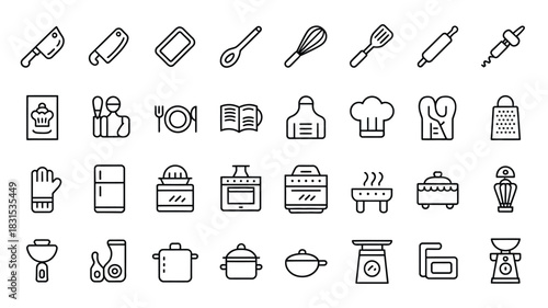A collection of kitchen utensil icons for cooking and food preparation.