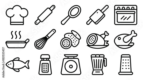 A collection of kitchen utensils and food items are depicted in a graphic illustration.