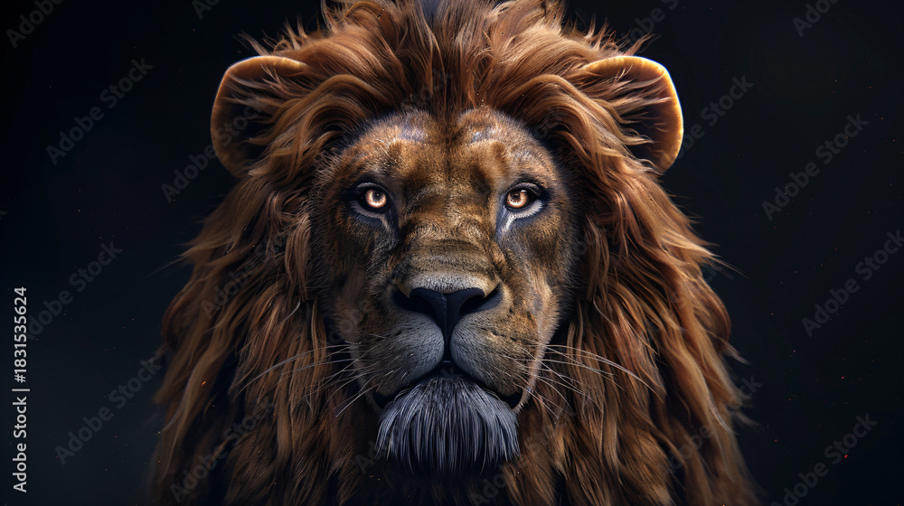 Naklejka premium 3D Rendered Strong Lion Portrait with Cinematic Lighting on Dark Background, Symbol of Power and Leadership