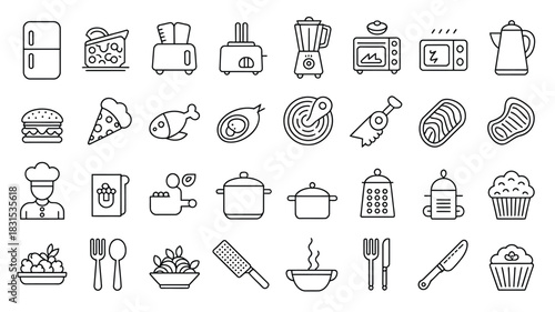 A collection of food and kitchen appliance icons represents various culinary elements.
