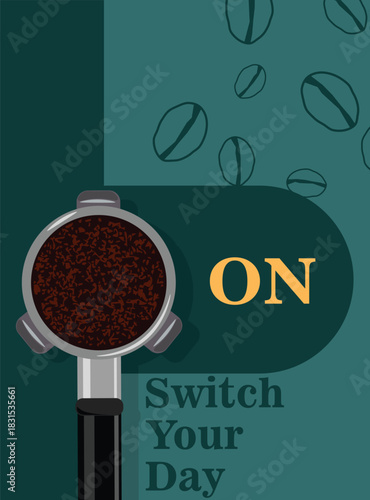 background templates coffee with portafilters switch and coffee beans in green background for invitations, cards, banner, brochure, poster, cover, cafe menu or another design.