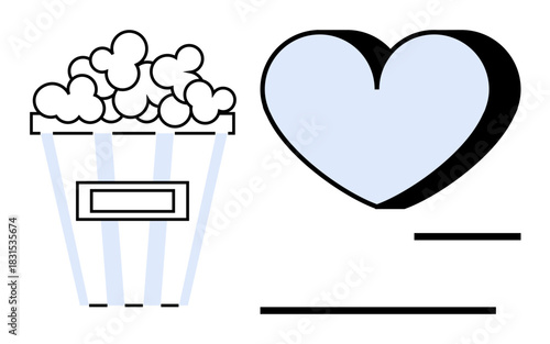 Popcorn bucket and light blue heart emphasizing love, enjoyment, leisure, movie nights, and entertainment. Ideal for cinema, relaxation, snack time emotions hobbies romance celebration. Simple