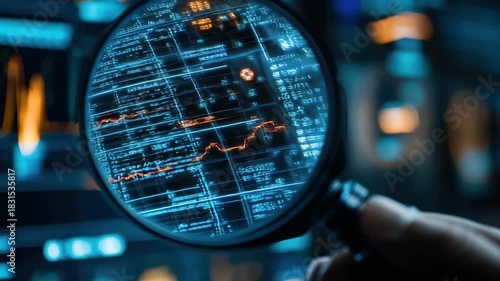 Scanning and analyzing data on a digital interface with a magnifying glass in a high-tech environment, scope scanning and data processing on black background