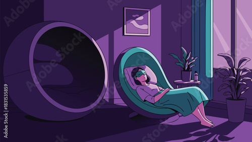 Vector Illustration of a recovery lounge with a person resting representing burnout prevention and self care.