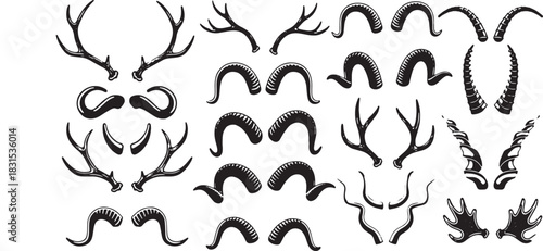 Vector Illustration of Various Antlers and Horns - Deer, Ram, and Goat - Black and White Clip Art for Design Elements