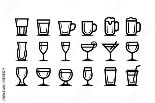 A collection of various drink glasses and containers shown in a grid.