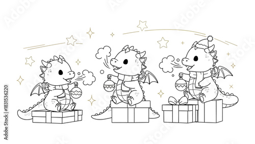 Whimsical Dragon Celebration: Charming cartoon dragons, each adorned with a scarf and winter hat, perch atop gift boxes, creating a delightful scene of holiday cheer.