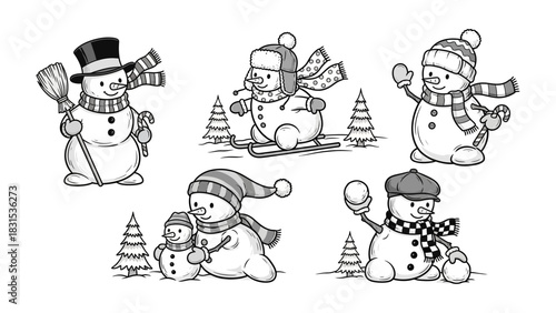 Winter Wonderland Characters: A collection of delightful snowmen characters each engaging in fun winter activities, capturing the magic and joy of the season.