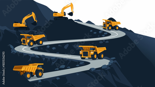 Large-scale coal mining operation illustrated with heavy excavators and dump trucks transporting ore on a winding mountain road for industrial resource extraction