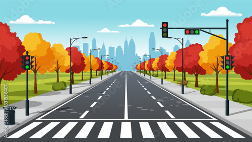 Lush autumn urban road illustration with clear markings, vibrant trees, and streetlights guiding to a distant city skyline