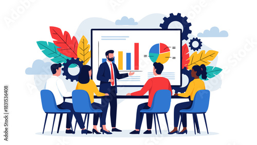 Business meeting with a presentation showing financial data and graphs, with a team discussing strategies for growth