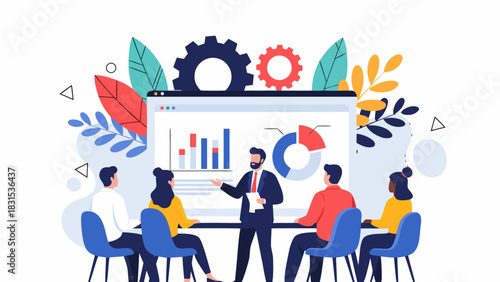 Business meeting illustration with a presenter explaining charts and graphs on a screen to a group of people seated around a table, gears in background symbolizing teamwork and productivity