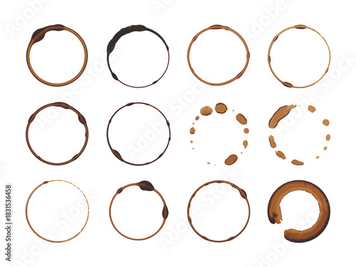 Collection of coffee cup rings arranged in a grid on a white background.